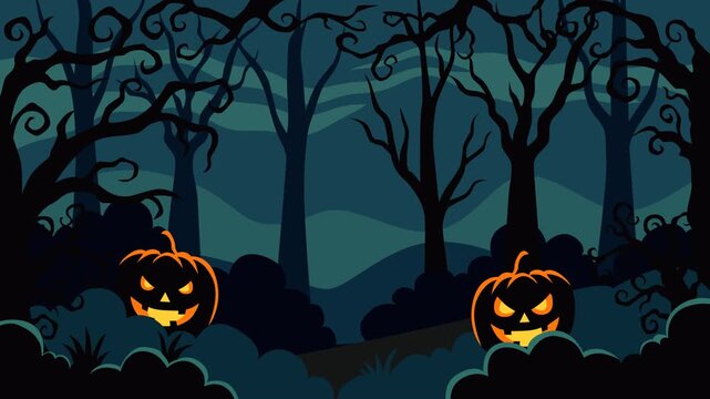 Spooky Halloween night background featuring glowing jack o lantern pumpkins, twisted trees, dark forest scenery, and eerie atmosphere