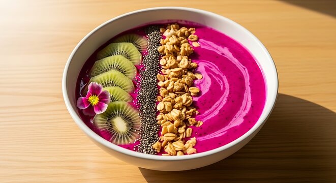 Healthy dragon fruit smoothie bowl topped with sliced kiwi, chia seeds, granola and edible flower on wooden table