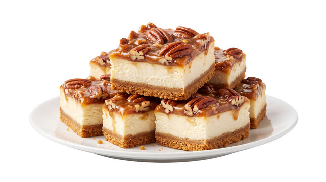 Pecan pie cheesecake bars with caramel topping, gourmet dessert squares on a white plate, homemade autumn treats with graham cracker crust