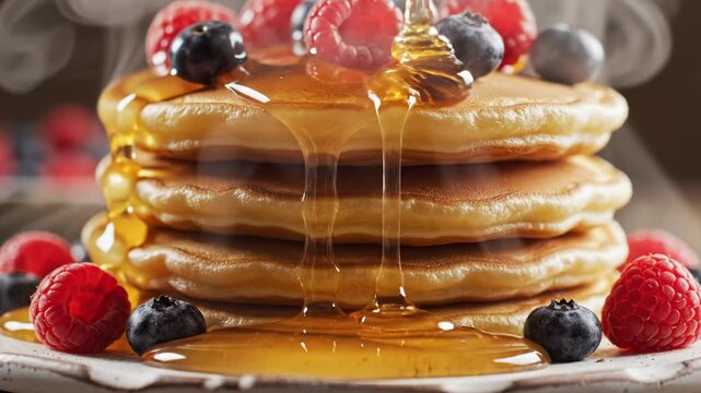 Macro shot of a stack of fluffy golden pancakes topped with fresh raspberries and blueberries, featuring thick golden honey drizzling down the side with rising steam.