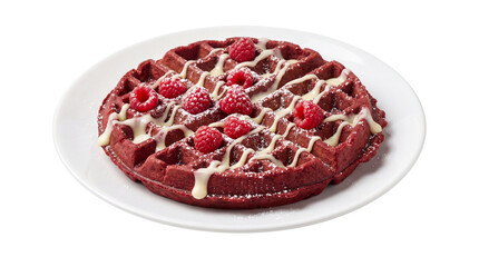 Obraz premium Red velvet waffle with fresh raspberries and white chocolate drizzle, gourmet dessert on white plate, sweet breakfast pastry isolated on white