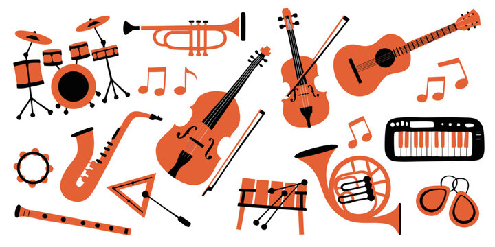 Orange musical instruments collection with musical notes on a white background