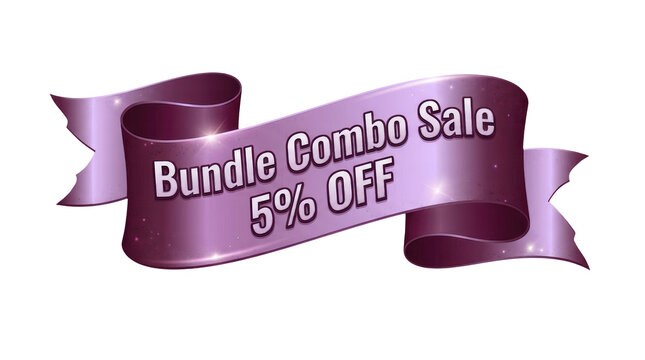 Purple ribbon banner with Bundle Combo Sale 5 percent off text isolated on a white background