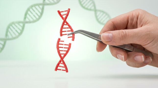 DNA gene sequence therapy concept with medical tweezers. Genetic genome molecular helix structure. science biology biotechnology medicine, laboratory research innovation