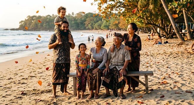 Three Generations Of Balinese Family Enjoying Sunset On Sandy Tropical Beach With Falling Autumn Leaves