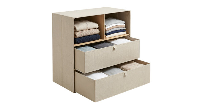 Beige fabric dresser drawer organizer with folded clothes inside