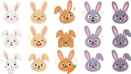 Obraz premium Cute Cartoon Bunny Emoji Face Expression Icon Vector Set with Happy Sad Angry and Confused Little Rabbit Characters for Kids Graphic Designs