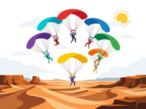 Parachutists Descending Over Desert Landscape
