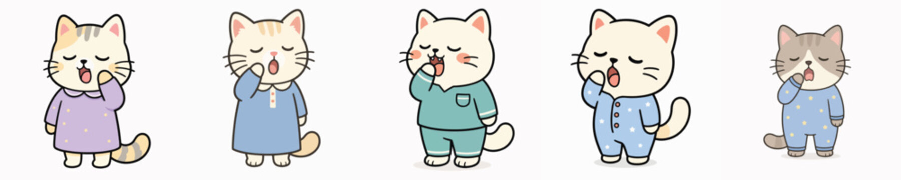 Vector set of a cat in pajamas, yawning and looking sleepy.