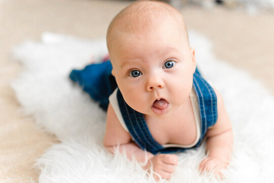 Baby 5-6 months old in blue overalls lies on tummy, sticks out tongue and looks at camera in a fun expressive portrait