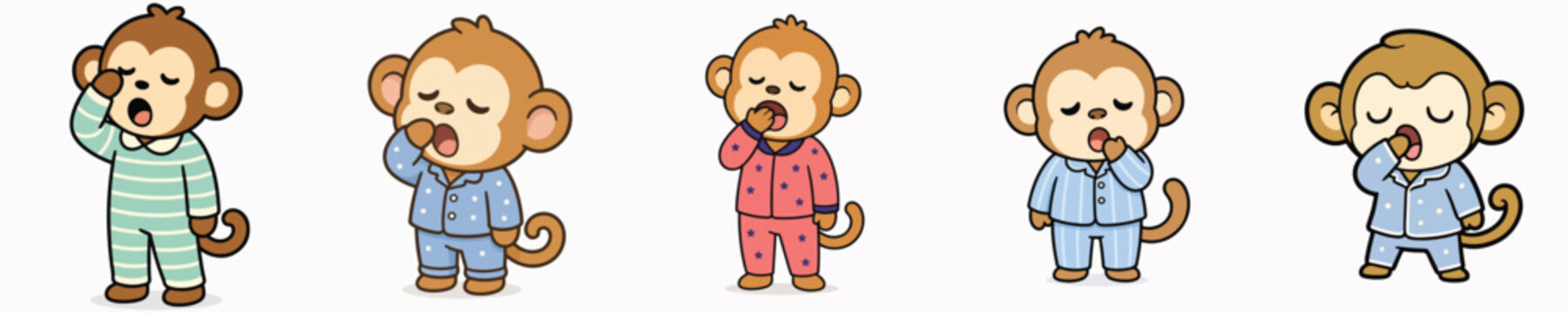 Set of vector illustrations of a monkey in pajamas, yawning and looking sleepy.
