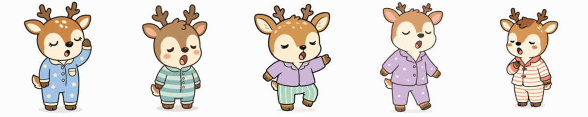 Obraz premium Set of cute vector deer wearing pajamas, looking sleepy and yawning.