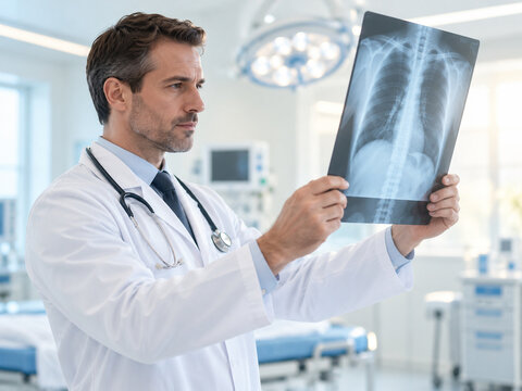 AI generated doctor examining chest Xray modern hospital while evaluating lungs spine thoracic anatomy for medical diagnosis radiology healthcare patient care