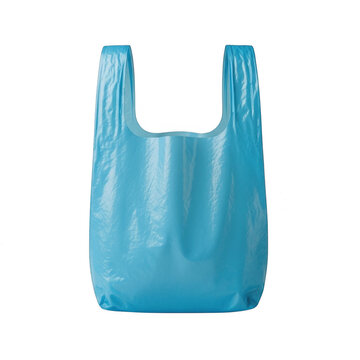 Blue plastic shopping bag isolated on white background for retail and grocery design.