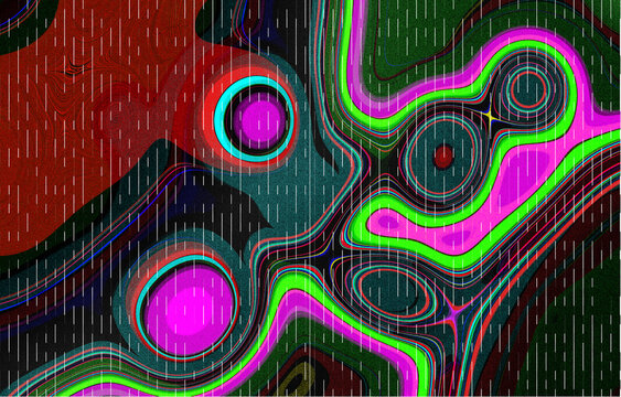 Abstract posterized illustration with green ribbon swirls, magenta circles, and vertical white dashed line overlay
