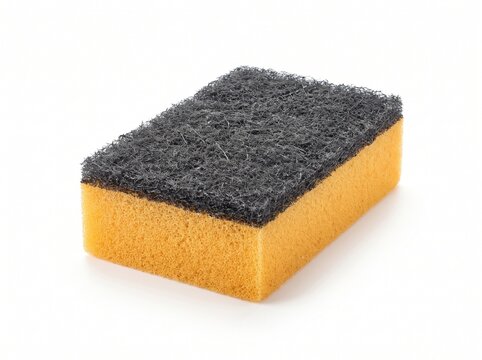 Yellow double-sided cleaning sponge with abrasive dark grey scouring pad on white background