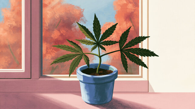 Cannabis Plant in a Blue Pot on a Pink Autumn Windowsill