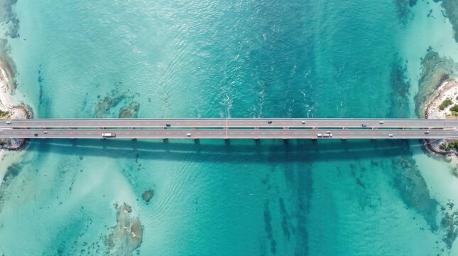 Aerial view of a long concrete bridge crossing over shallow turquoise tropical water with coral reefs visible beneath the surface and small sandy islands at the ends