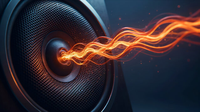 Abstract visual representation of sound waves emanating from a highquality audio speaker with glowing orange energy lines and particles