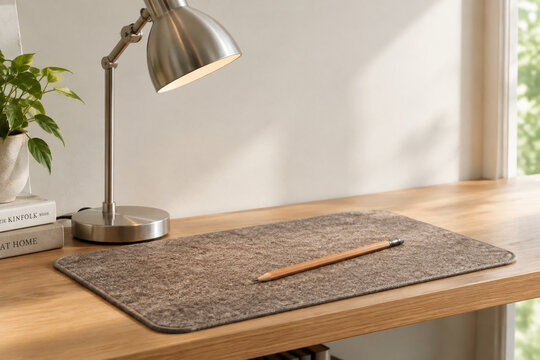 unsharpened. Brushed metal desk lamp and wooden pencil on wool mat on wooden shelf, home office preparedness concept, product launch decks.