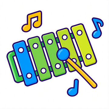 Colorful Children's Toy Xylophone Vector Illustration with Mallet and Music Notes