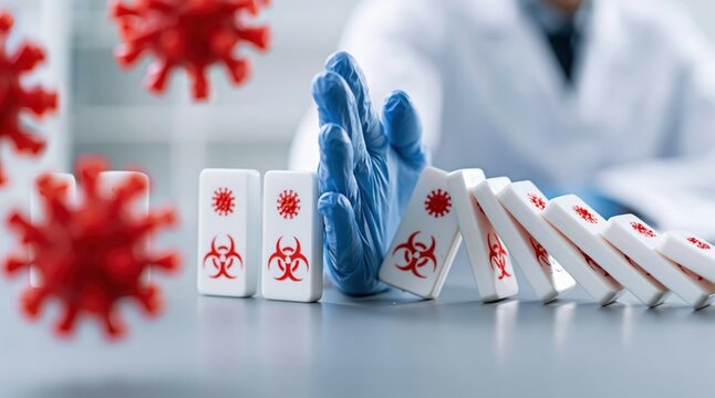 Coronavirus prevention by doctor stopping covid biohazard domino virus pandemic