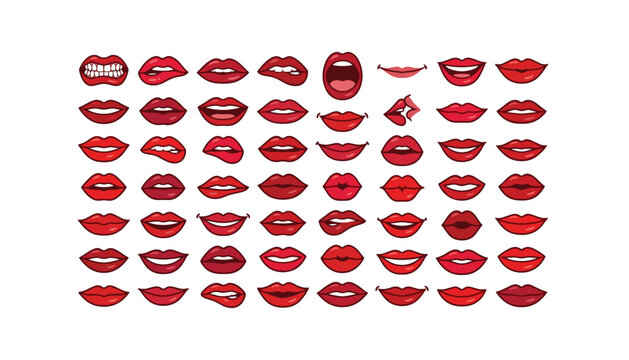 Red lips vector collection featuring various mouth expressions smile smirk bite kiss open and lipstick facial gestures