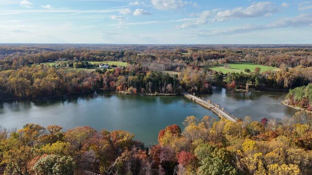 Aerial View of Hoopes Reservoir and Autumn Foliage in Wilmington, Delaware