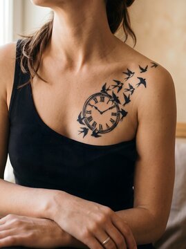 Clock and flying birds tattoo on upper chest