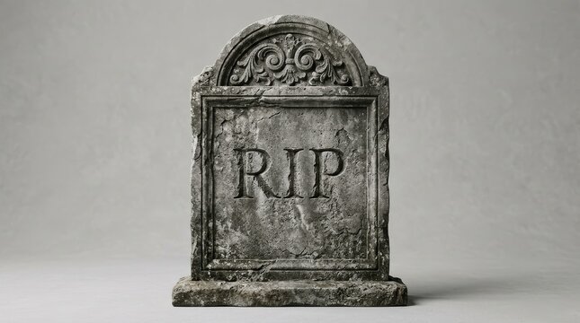 Ancient Weathered Stone Tombstone with RIP Engraving Isolated on Grey Background for Halloween or Cemetery Concept
