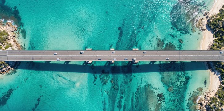 Aerial view of a long concrete bridge spanning across turquoise ocean water, with small cars driving on the road and sandy coastlines visible on both sides of the frame