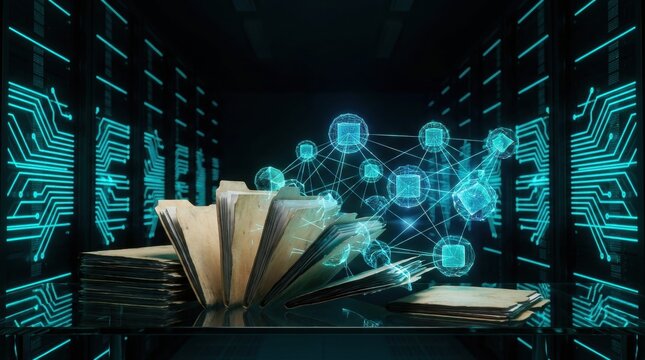 Contemporary abstract 3D visual art showcasing Paper files transforming into da designed for commercial marketing backdrop