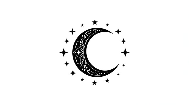 Decorative Crescent Moon with Stars Black Vector Illustration