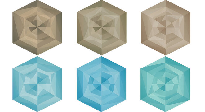 Set of six geometric hexagon icons featuring low poly crystal textures in neutral beige and cool blue color palettes for modern graphic design