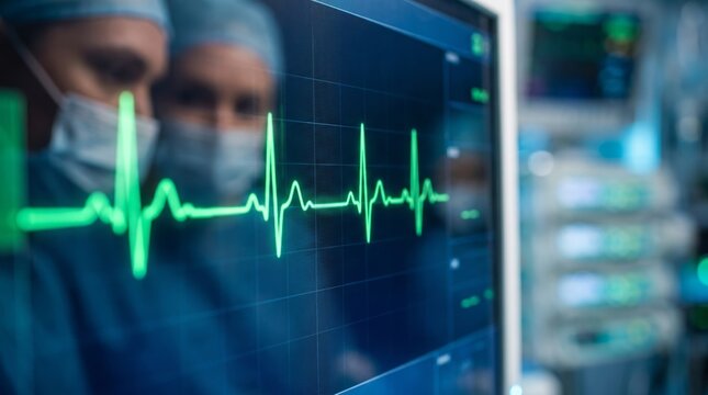 Green glowing heartbeat monitor line with blurred medical team in hospital operating room