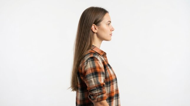 Young woman with long brown hair wearing a casual plaid shirt looking away