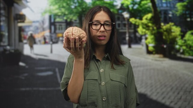Woman holding a brain model at eye level on a street in the city, wearing glasses and an olive shirt; confusion.
