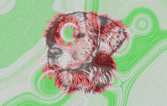Illustrated dog head in black red and white posterized style with green swirl line background texture