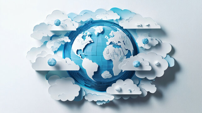 Futuristic blue globe surrounded by layered clouds, creating a soft 3D illustration symbolizing global connectivity, cloud computing, technology, and digital communication.