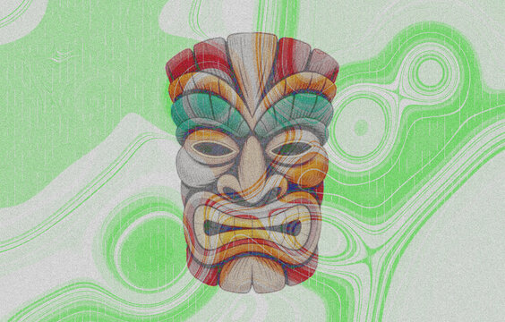 Illustrated carved mask face in red teal and orange posterized colors with green swirl background texture