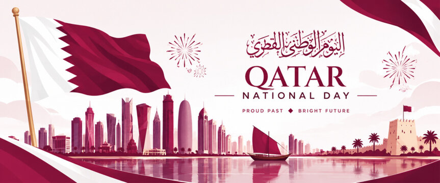 Qatar National Day Banner with Doha Skyline and Traditional Dhow
