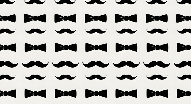 Seamless Pattern Background Featuring Repeating Illustrations of Classic Formal Black Bow Ties and Masculine Mustache Icons for Creative Projects
