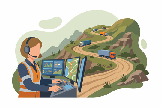 Remote Mining Control Center Operator Managing Fleet at Open Pit Site