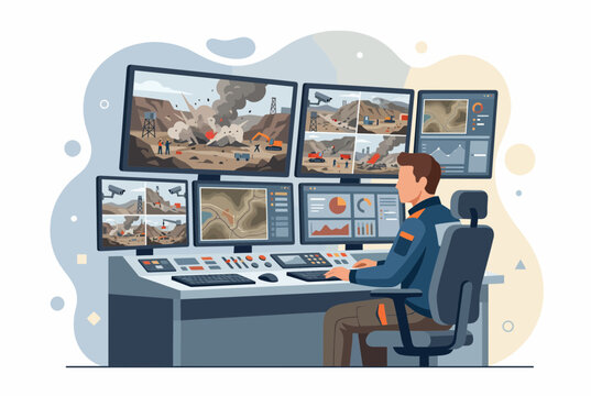 Remote Mining Control Center Operator Monitoring Site Equipment