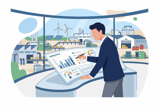 Industrial Operator Monitoring Smart Factory with Digital Data Screens
