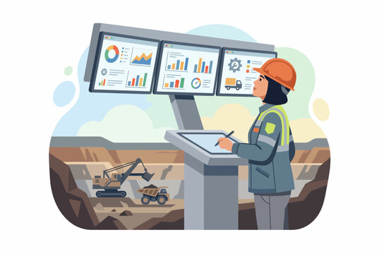 Female operator monitoring mining operations on digital screens