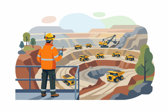 Mining supervisor monitoring open pit site with heavy machinery