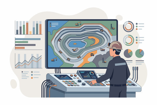Operator Monitoring Mining Equipment via Digital Screens at Pit Site