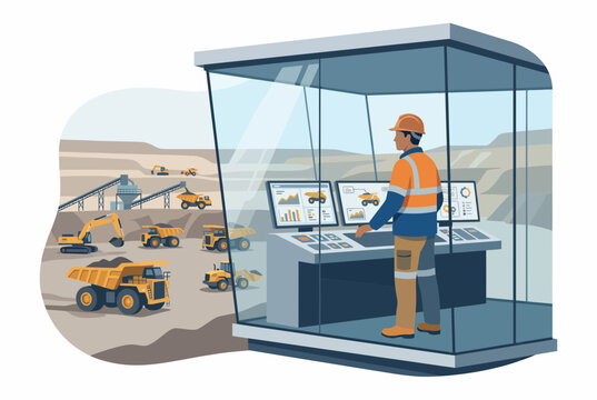 Mining Operator Supervising Open Pit Site with Digital Control Room