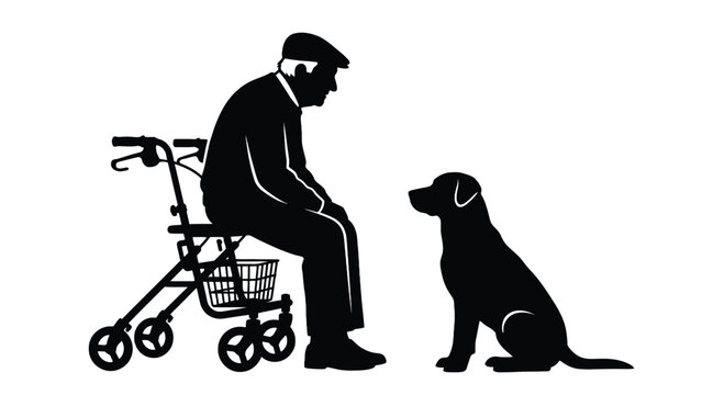 Elderly man sitting on a mobility walker facing his loyal dog in this black vector illustration